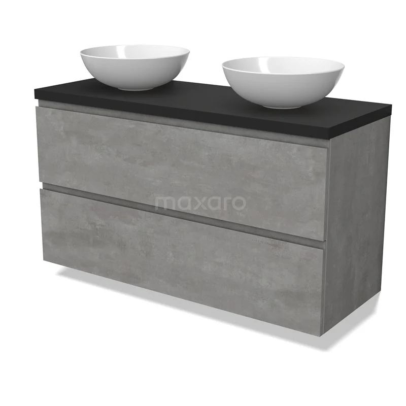 Modulo Plato Vanity units for countertop basin | 120 cm Light grey concrete Handle-less front Matte black worktop 2 Stacked drawers BMK17-02884