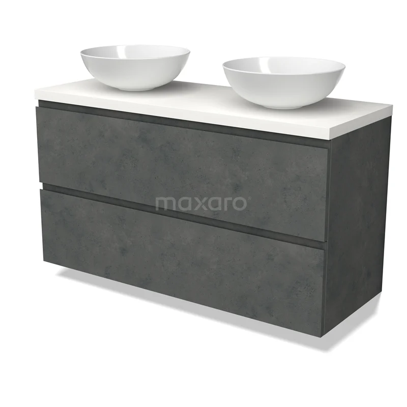 Modulo Plato Vanity units for countertop basin | 120 cm Dark grey concrete Handle-less front Matte white worktop 2 Stacked drawers BMK17-02956