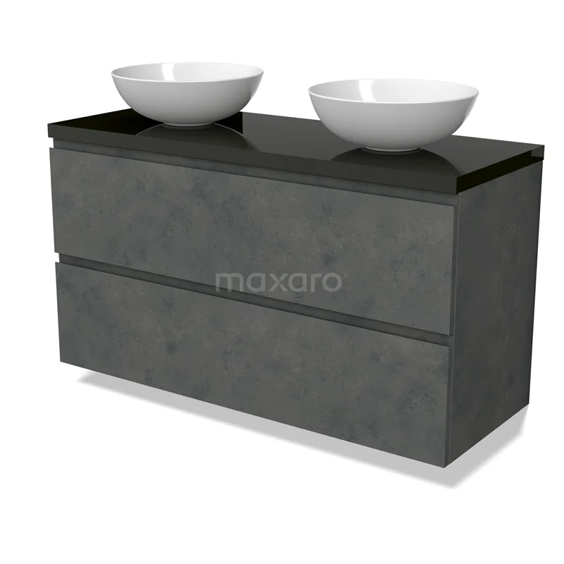 Modulo Plato Vanity units for countertop basin | 120 cm Dark grey concrete Handle-less front High-gloss black worktop 2 Stacked drawers BMK17-02958