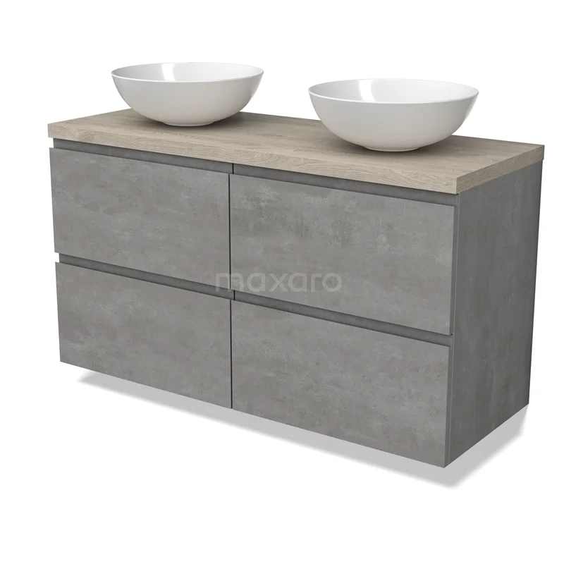 Modulo Plato Vanity units for countertop basin | 120 cm Light grey concrete Handle-less front Light grey oak worktop 4 drawers BMK18-01866