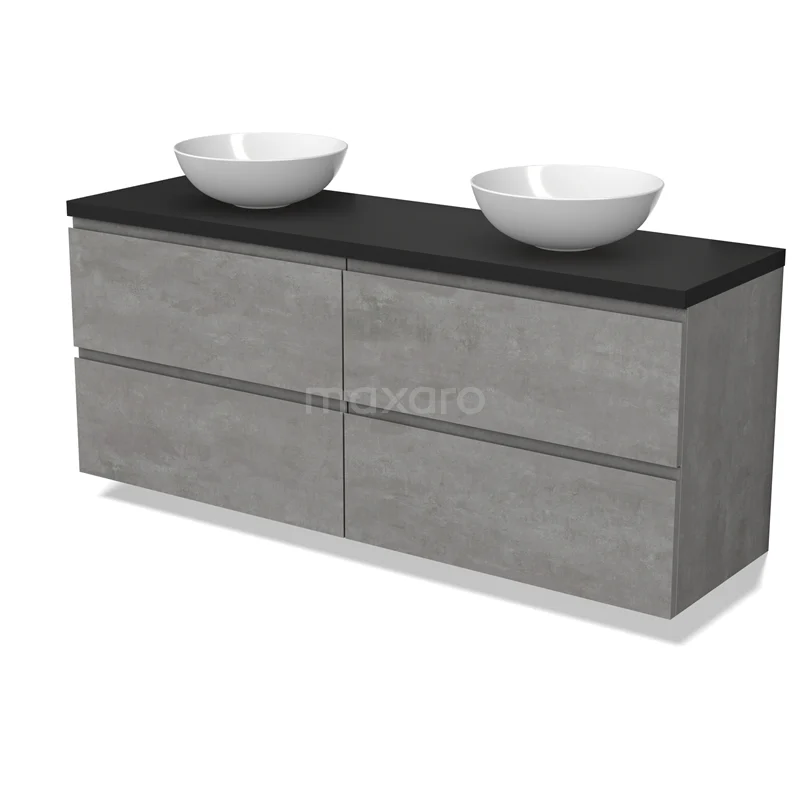 Modulo Plato Vanity units for countertop basin | 160 cm Light grey concrete Handle-less front Matte black worktop 4 drawers BMK18-01887