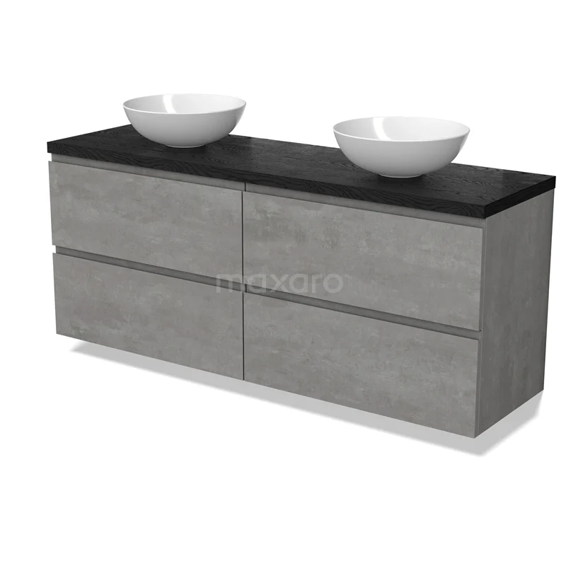 Modulo Plato Vanity units for countertop basin | 160 cm Light grey concrete Handle-less front Black oak worktop 4 drawers BMK18-01895