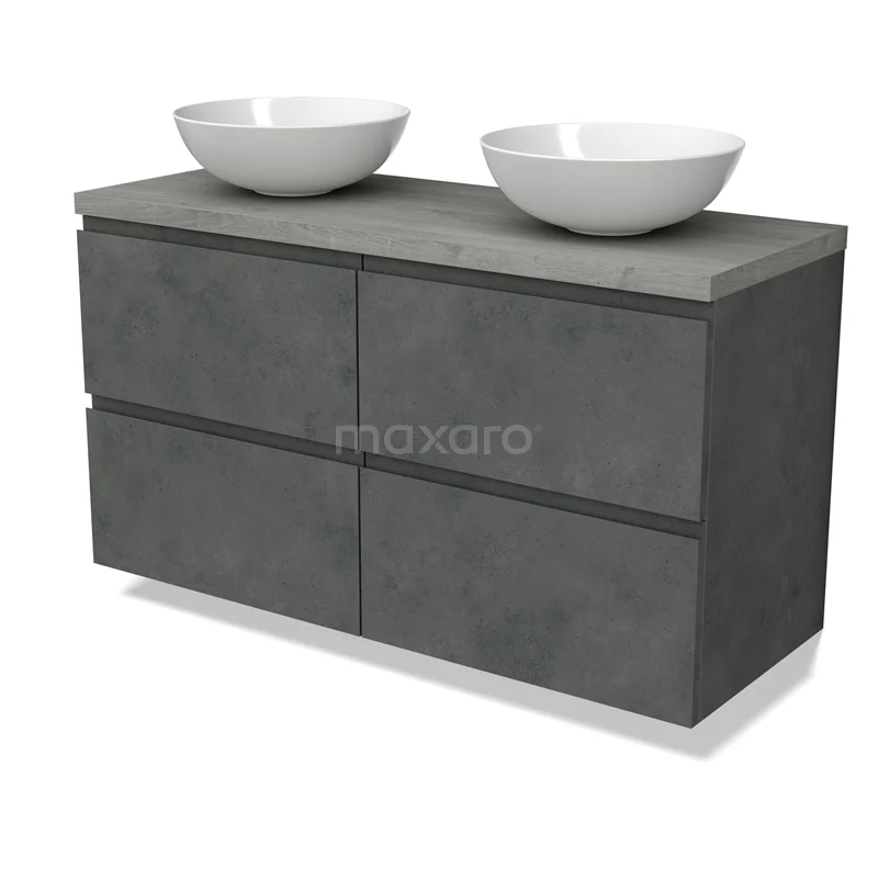 Modulo Plato Vanity units for countertop basin | 120 cm Dark grey concrete Handle-less front Grey oak worktop 4 drawers BMK18-01926
