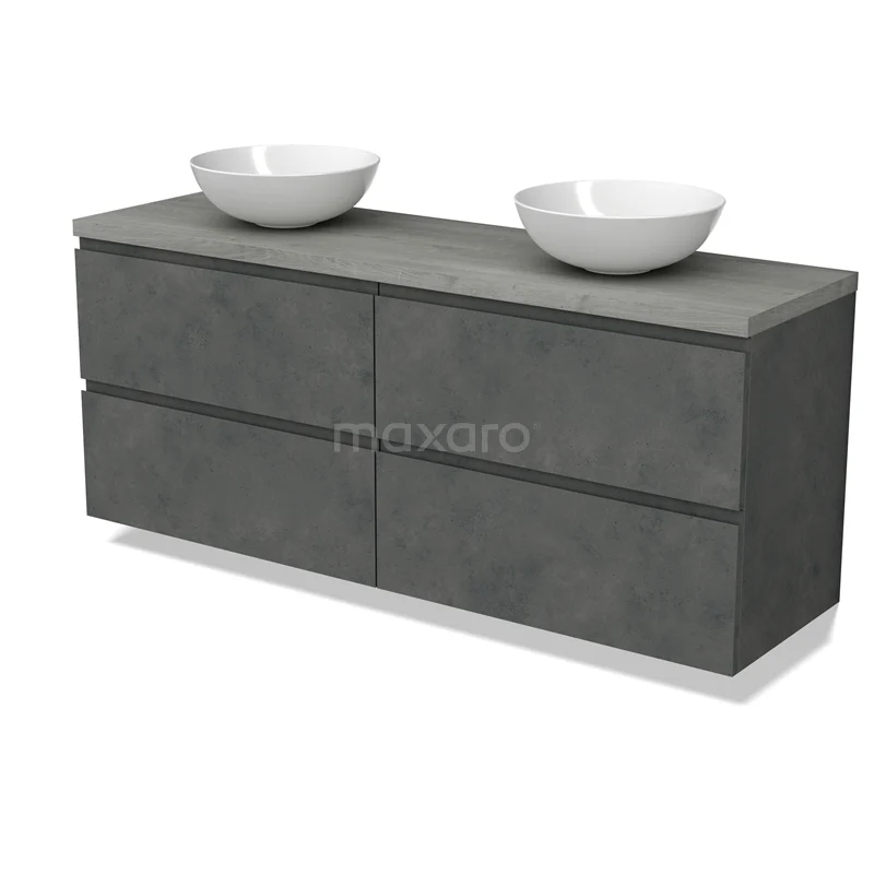 Modulo Plato Vanity units for countertop basin | 160 cm Dark grey concrete Handle-less front Grey oak worktop 4 drawers BMK18-01957