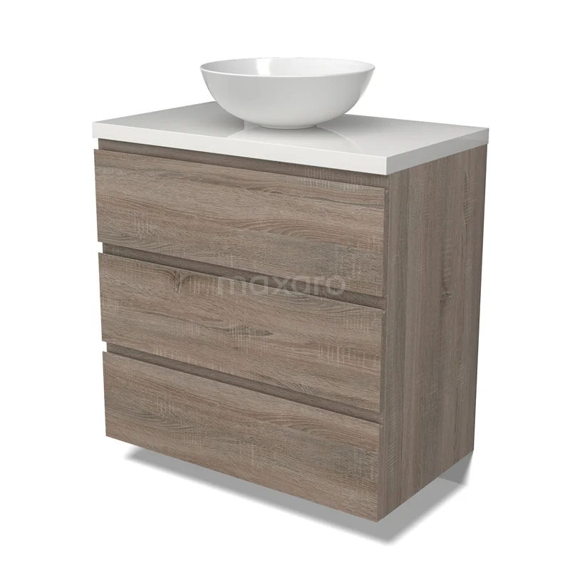 Modulo Plato Vanity units for countertop basin | 80 cm Oak Handle-less front High-gloss white worktop 3 drawers BMK19-01474