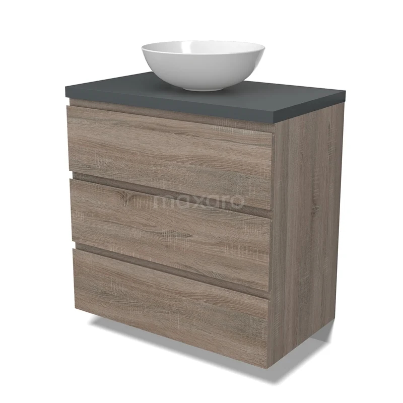 Modulo Plato Vanity units for countertop basin | 80 cm Oak Handle-less front Dark grey worktop 3 drawers BMK19-01476