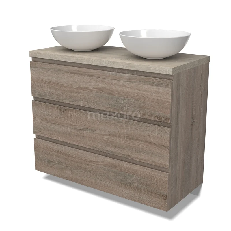 Modulo Plato Vanity units for countertop basin | 100 cm Oak Handle-less front Light grey oak worktop 3 drawers BMK19-01498