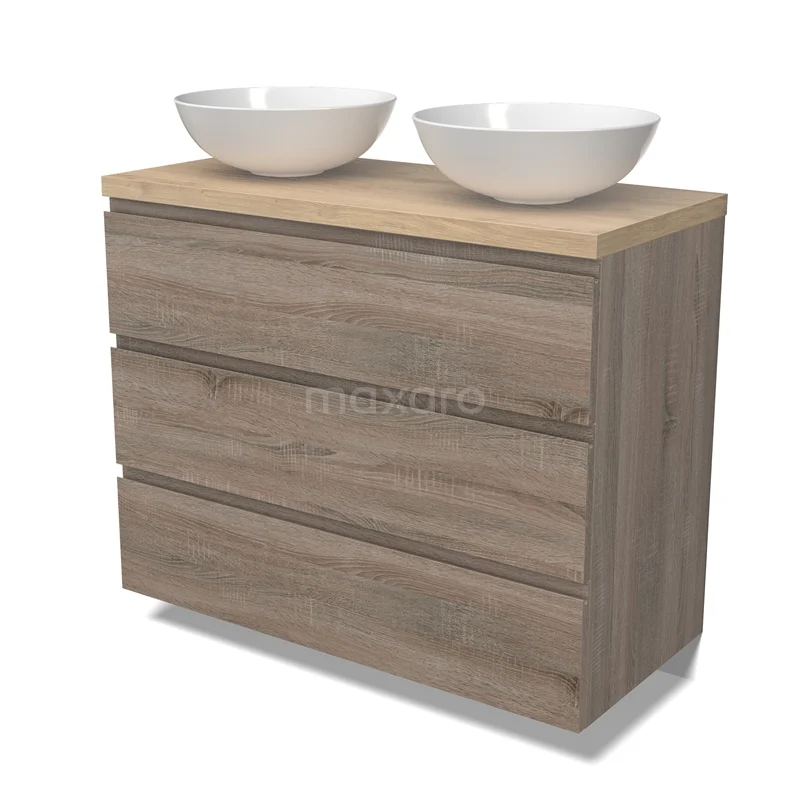 Modulo Plato Vanity units for countertop basin | 100 cm Oak Handle-less front Light brown oak worktop 3 drawers BMK19-01499