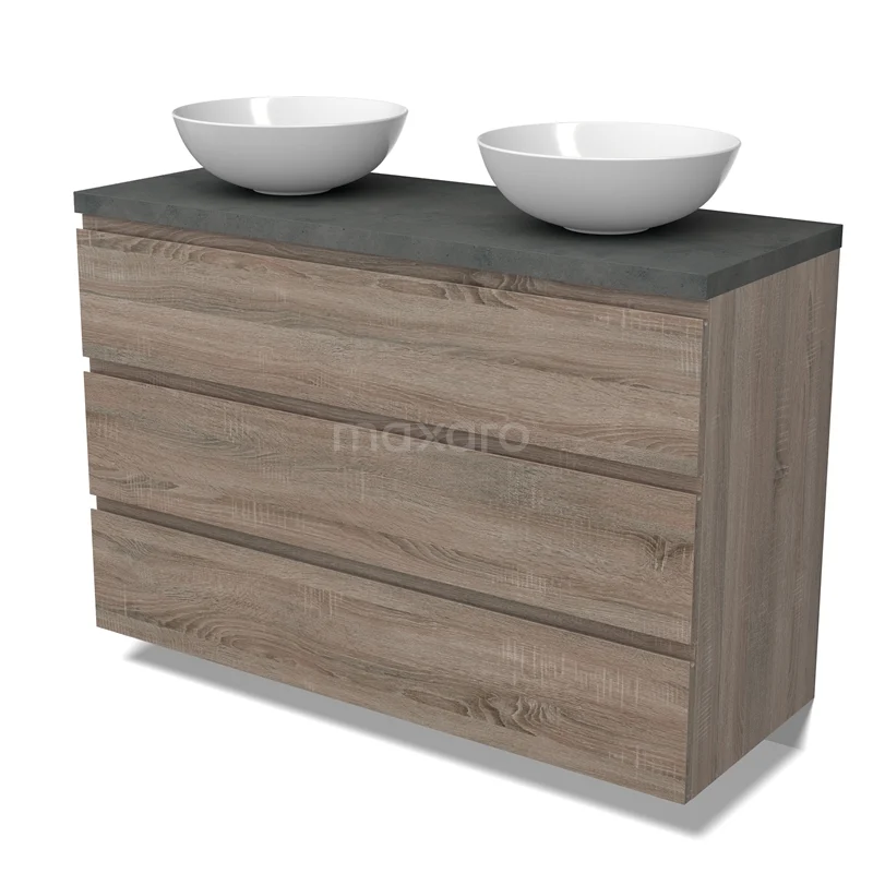 Modulo Plato Vanity units for countertop basin | 120 cm Oak Handle-less front Dark grey concrete worktop 3 drawers BMK19-01521