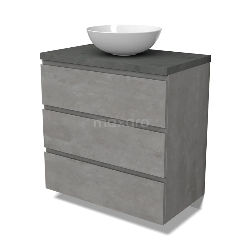 Modulo Plato Vanity units for countertop basin | 80 cm Light grey concrete Handle-less front Dark grey concrete worktop 3 drawers BMK19-01538