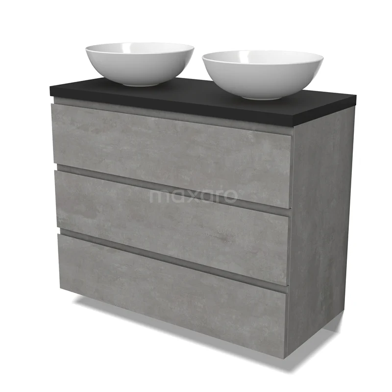 Modulo Plato Vanity units for countertop basin | 100 cm Light grey concrete Handle-less front Matte black worktop 3 drawers BMK19-01539