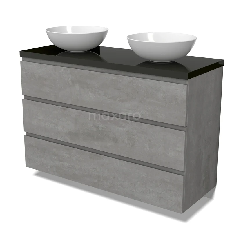 Modulo Plato Vanity units for countertop basin | 120 cm Light grey concrete Handle-less front High-gloss black worktop 3 drawers BMK19-01562