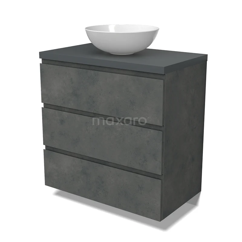 Modulo Plato Vanity units for countertop basin | 80 cm Dark grey concrete Handle-less front Dark grey worktop 3 drawers BMK19-01578