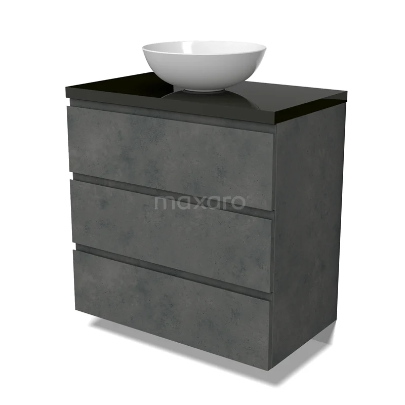 Modulo Plato Vanity units for countertop basin | 80 cm Dark grey concrete Handle-less front High-gloss black worktop 3 drawers BMK19-01579