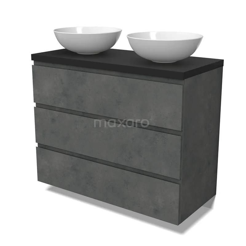 Modulo Plato Vanity units for countertop basin | 100 cm Dark grey concrete Handle-less front Matte black worktop 3 drawers BMK19-01590