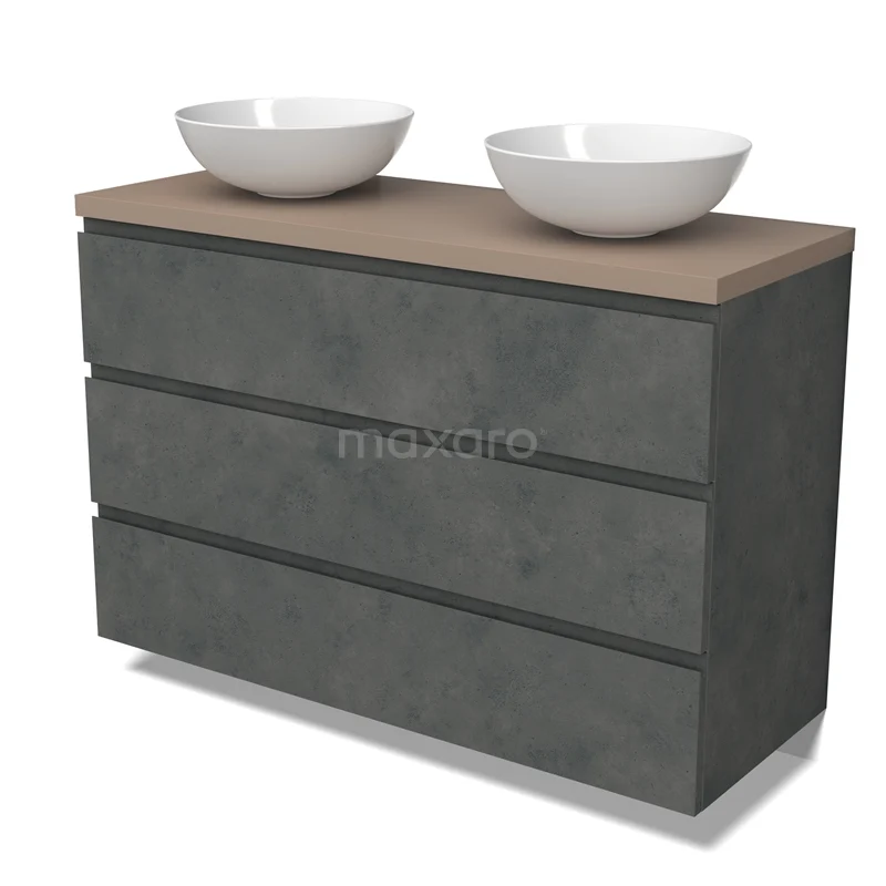 Modulo Plato Vanity units for countertop basin | 120 cm Dark grey concrete Handle-less front Taupe worktop 3 drawers BMK19-01608