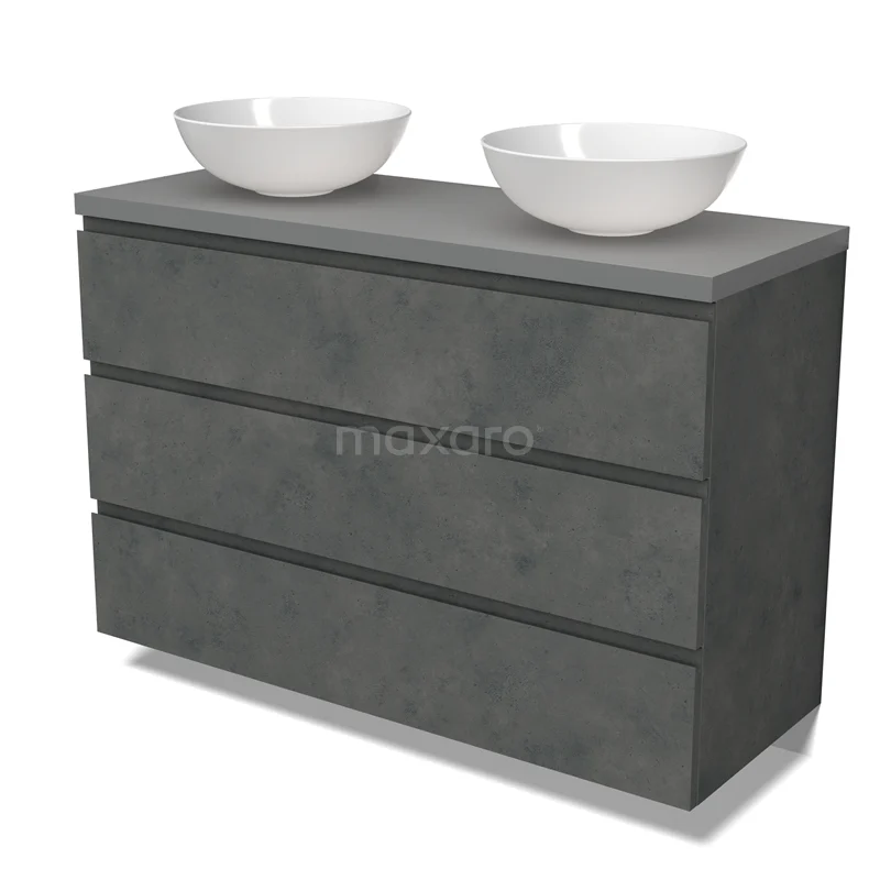 Modulo Plato Vanity units for countertop basin | 120 cm Dark grey concrete Handle-less front Mid grey worktop 3 drawers BMK19-01609