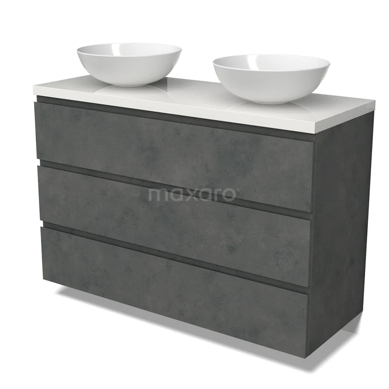 Modulo Plato Vanity units for countertop basin | 120 cm Dark grey concrete Handle-less front High-gloss white worktop 3 drawers BMK19-01610