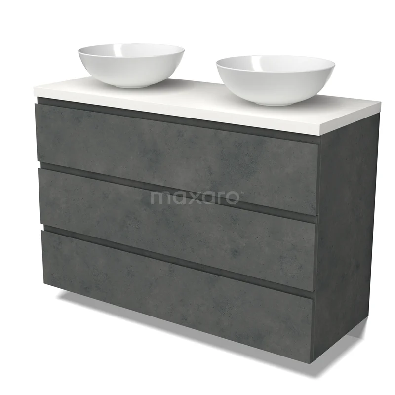 Modulo Plato Vanity units for countertop basin | 120 cm Dark grey concrete Handle-less front Matte white worktop 3 drawers BMK19-01611