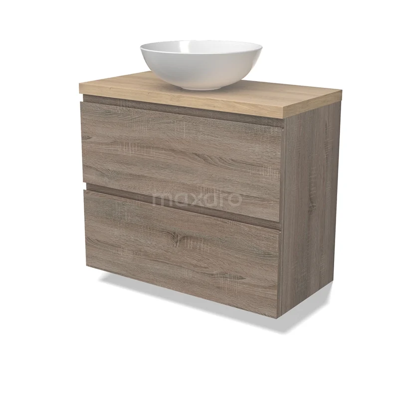 Modulo Plato Slim Vanity units for countertop basin | 80 cm Oak Handle-less front Light brown oak worktop 2 Stacked drawers BMK37-02487