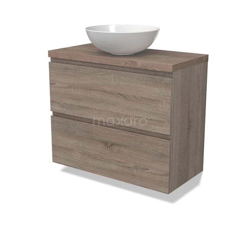 Modulo Plato Slim Vanity units for countertop basin | 80 cm Oak Handle-less front Mid brown oak worktop 2 Stacked drawers BMK37-02488