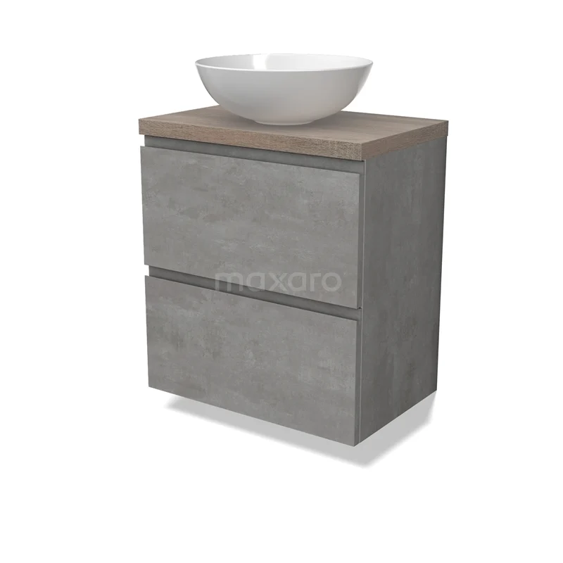 Modulo Plato Slim Vanity units for countertop basin | 60 cm Light grey concrete Handle-less front Oak worktop 2 Stacked drawers BMK37-02541