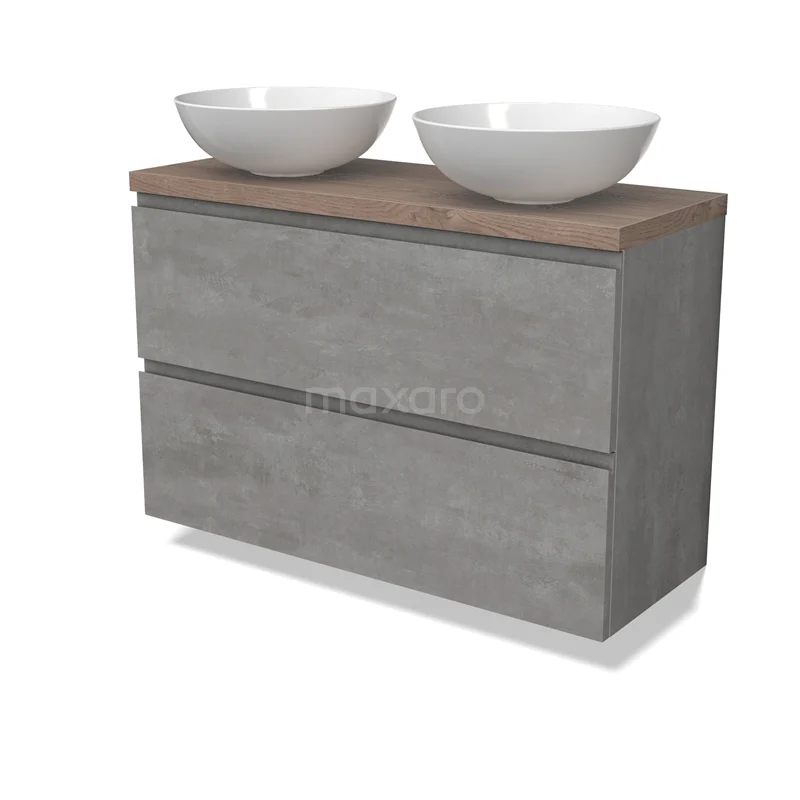 Modulo Plato Slim Vanity units for countertop basin | 100 cm Light grey concrete Handle-less front Mid brown oak worktop 2 Stacked drawers BMK37-02572