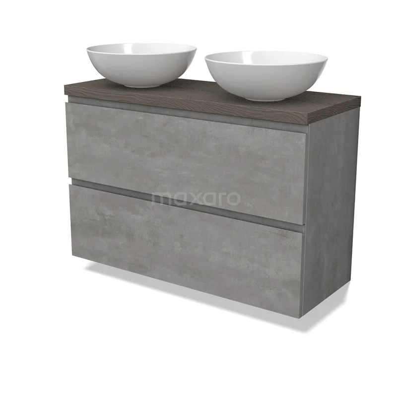 Modulo Plato Slim Vanity units for countertop basin | 100 cm Light grey concrete Handle-less front Dark brown oak worktop 2 Stacked drawers BMK37-02573