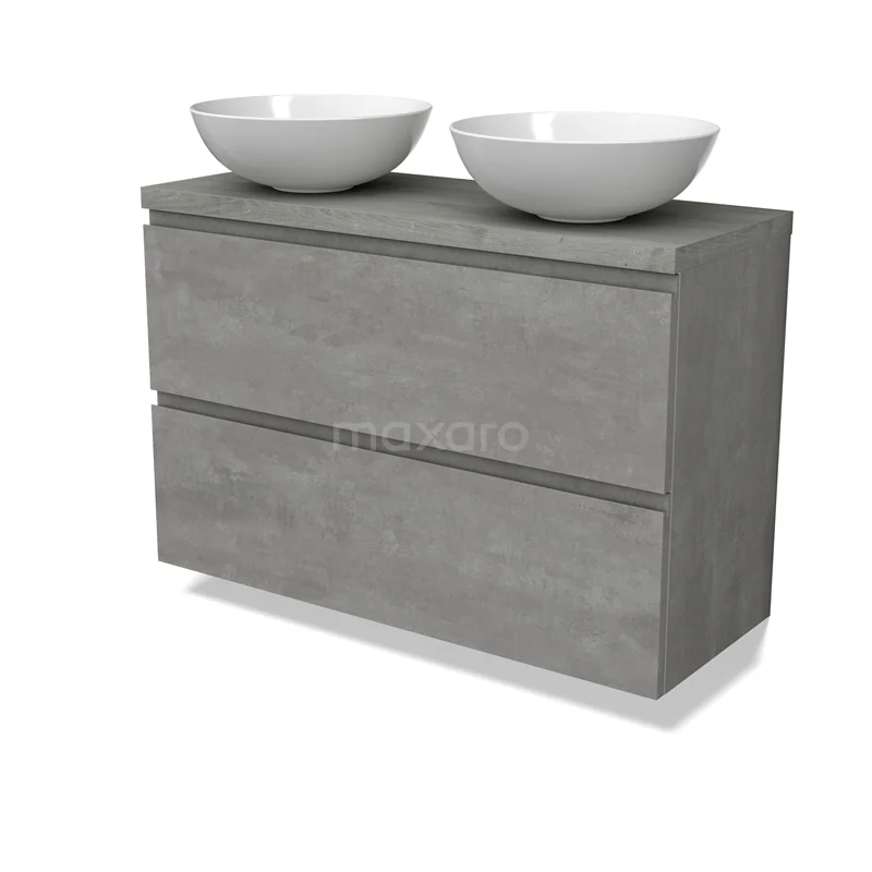 Modulo Plato Slim Vanity units for countertop basin | 100 cm Light grey concrete Handle-less front Grey oak worktop 2 Stacked drawers BMK37-02574