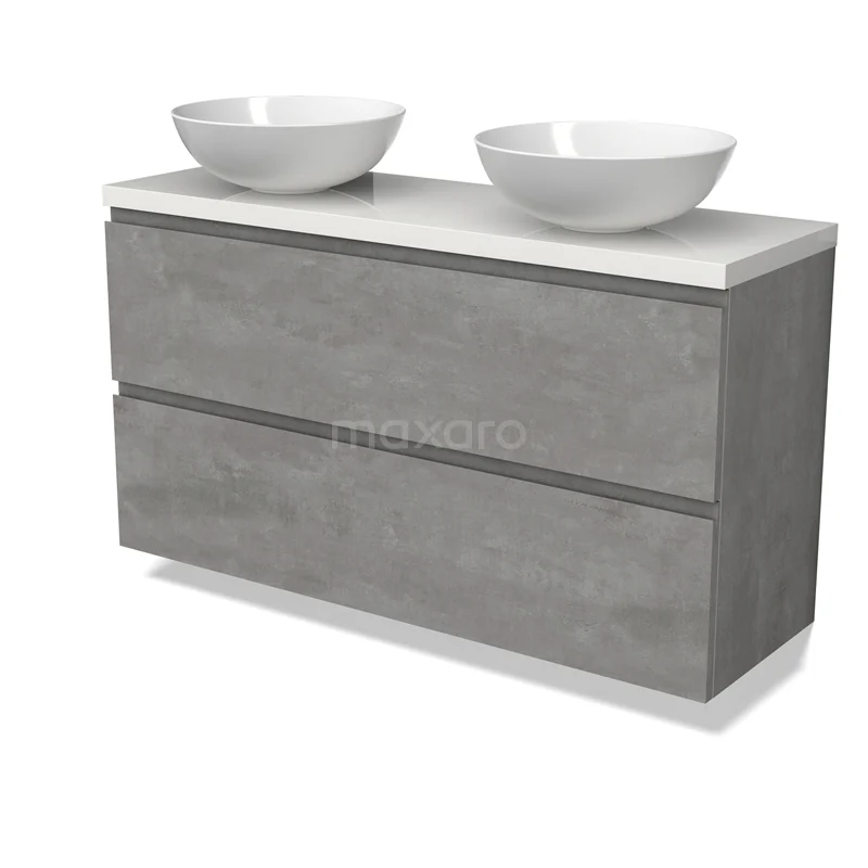 Modulo Plato Slim Vanity units for countertop basin | 120 cm Light grey concrete Handle-less front High-gloss white worktop 2 Stacked drawers BMK37-02579