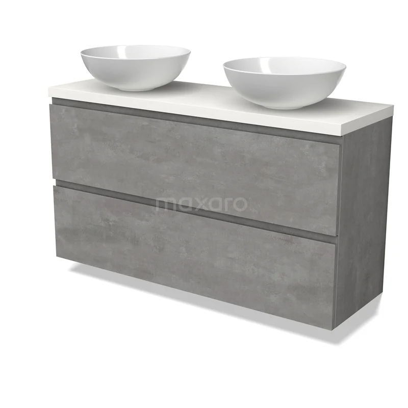 Modulo Plato Slim Vanity units for countertop basin | 120 cm Light grey concrete Handle-less front Matte white worktop 2 Stacked drawers BMK37-02580
