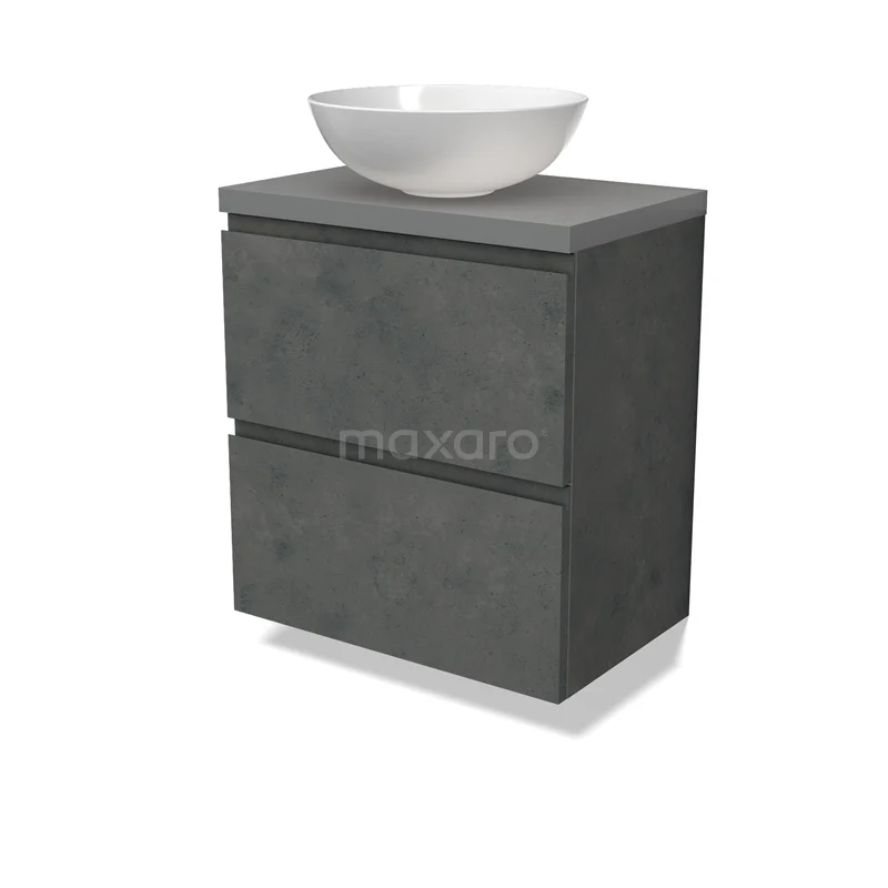 Modulo Plato Slim Vanity units for countertop basin | 60 cm Dark grey concrete Handle-less front Mid grey worktop 2 Stacked drawers BMK37-02606