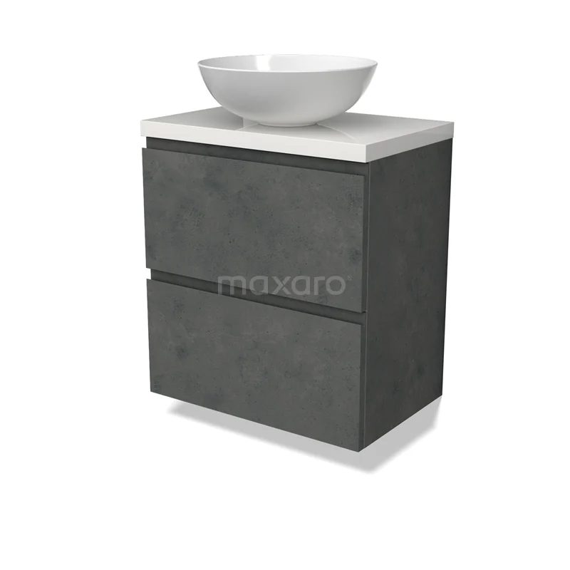 Modulo Plato Slim Vanity units for countertop basin | 60 cm Dark grey concrete Handle-less front High-gloss white worktop 2 Stacked drawers BMK37-02607