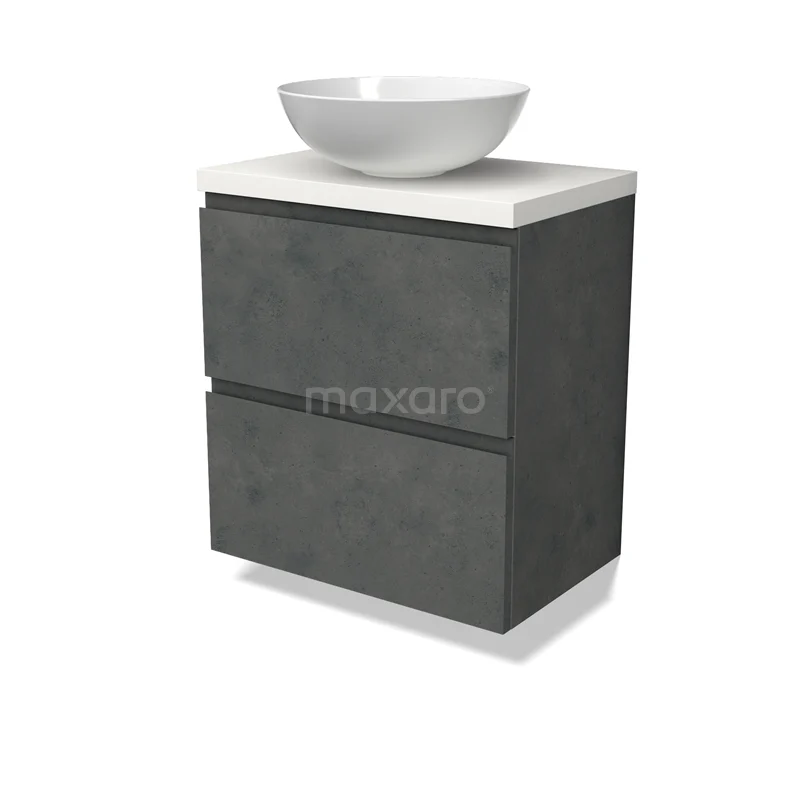 Modulo Plato Slim Vanity units for countertop basin | 60 cm Dark grey concrete Handle-less front Matte white worktop 2 Stacked drawers BMK37-02608