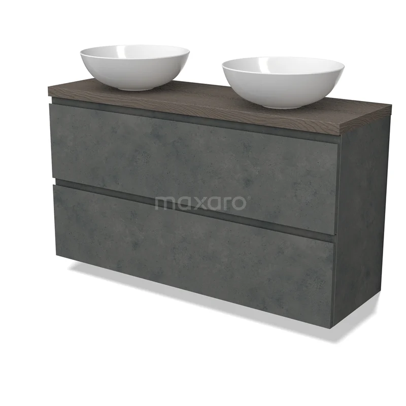 Modulo Plato Slim Vanity units for countertop basin | 120 cm Dark grey concrete Handle-less front Dark brown oak worktop 2 Stacked drawers BMK37-02657