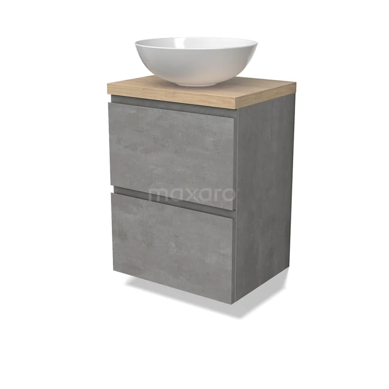 Modulo Plato Slim Vanity units for countertop basin | 50 cm Light grey concrete Handle-less front Light brown oak worktop 2 Stacked drawers BMK37-02529