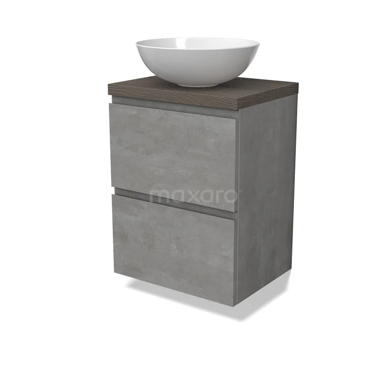 Modulo Plato Slim Vanity units for countertop basin | 50 cm Light grey concrete Handle-less front Dark brown oak worktop 2 Stacked drawers BMK37-02531