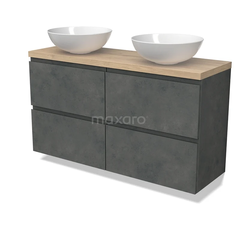 Modulo Plato Slim Vanity units for countertop basin | 120 cm Dark grey concrete Handle-less front Light brown oak worktop 4 drawers BMK38-00527