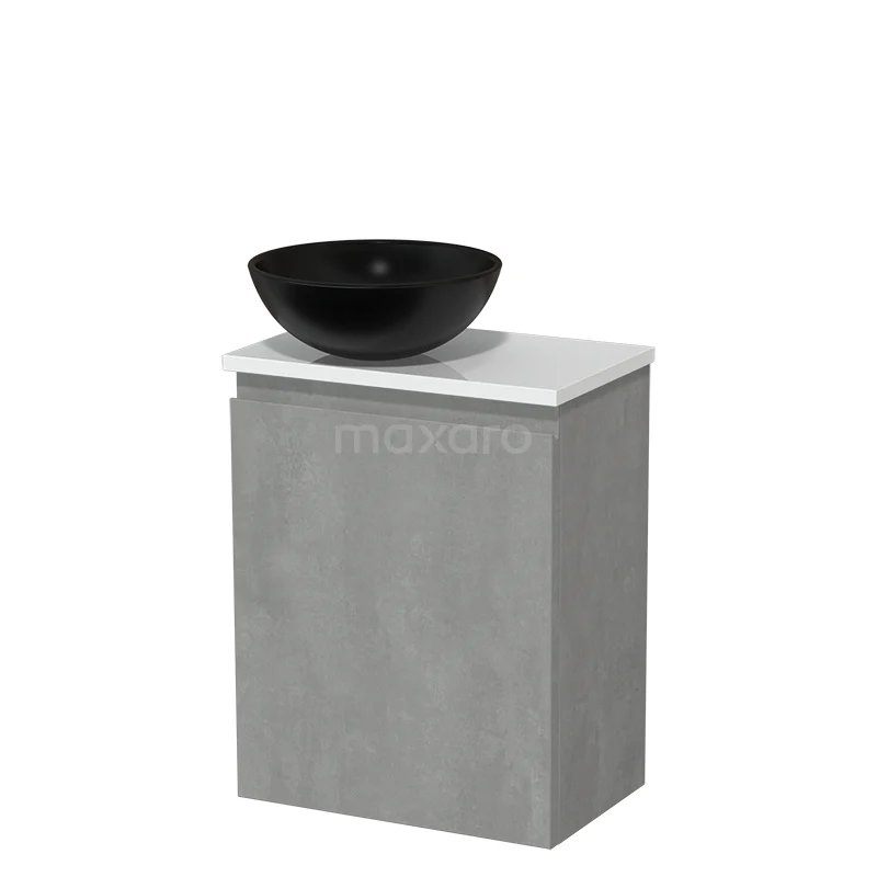 Toilet unit with countertop wash basin | 41 cm Light grey concrete Handleless front Matte black Ceramic wash basin High-gloss white Fronts TMK10-13768
