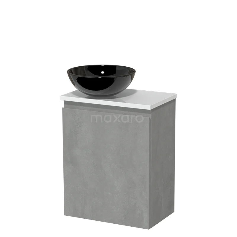 Toilet unit with countertop wash basin | 41 cm Light grey concrete Handleless front High-gloss black Ceramic wash basin High-gloss white worktop TMK10-13769