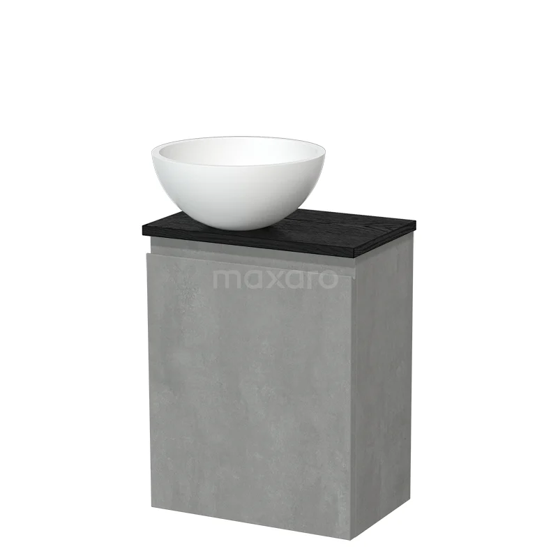Toilet unit with countertop wash basin | 41 cm Light grey concrete Handleless front Matte white Solid surface wash basin Black oak fronts TMK10-13815
