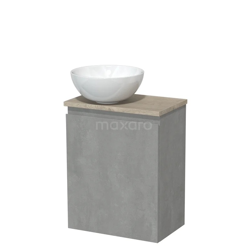 Toilet unit with countertop wash basin | 41 cm Light grey concrete Handleless front High-gloss white Ceramic wash basin Light grey oak worktop TMK10-13853