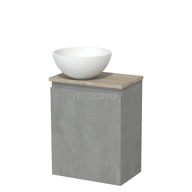 Toilet unit with countertop wash basin | 41 cm Light grey concrete Handleless front Matte white Solid surface wash basin Light grey oak worktop TMK10-13854