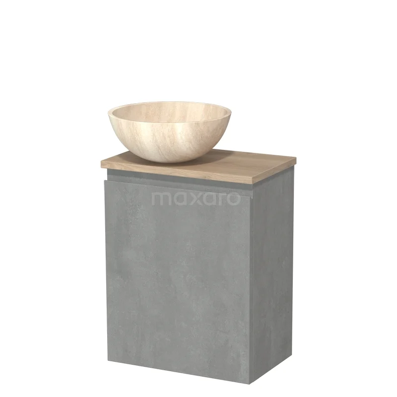 Toilet unit with countertop wash basin | 41 cm Light grey concrete Handleless front Travertine Natural stone basin Light brown oak worktop TMK10-13876