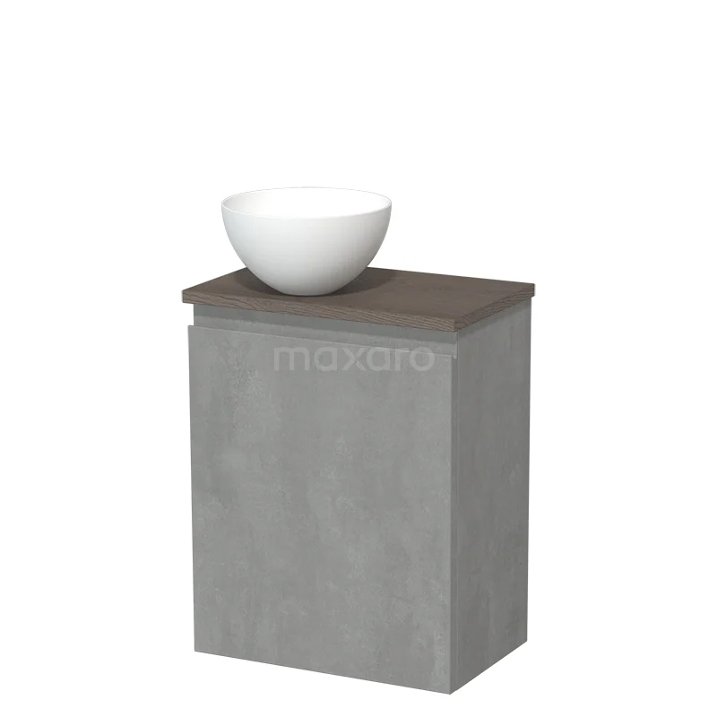 Toilet unit with countertop wash basin | 41 cm Light grey concrete Handleless front Matte white Solid surface wash basin Dark brown oak worktop Dark brown oak fronts TMK10-13901