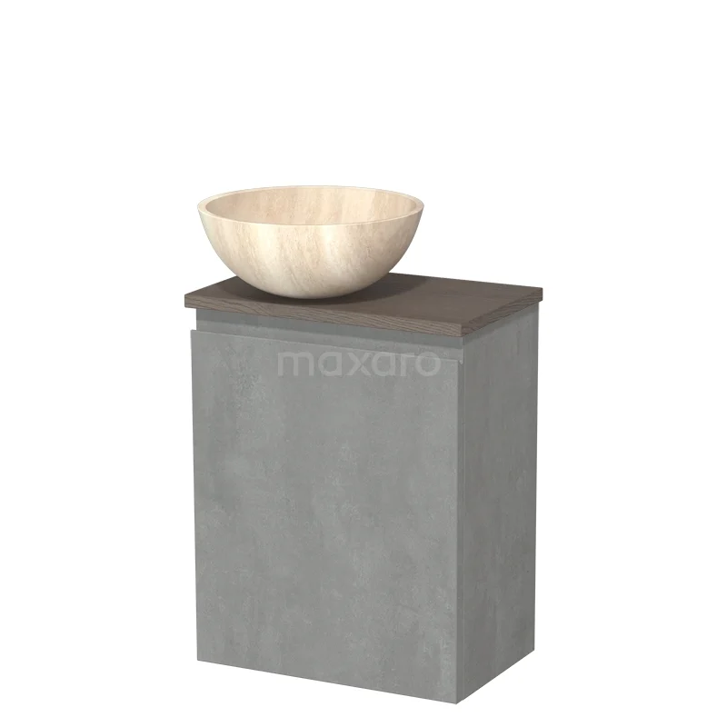 Toilet unit with countertop wash basin | 41 cm Light grey concrete Handleless front Travertine Natural stone basin Dark brown oak worktop Dark brown oak Fronts TMK10-13902
