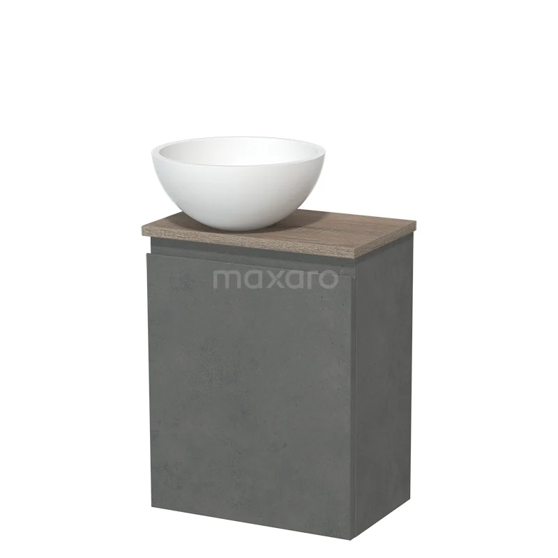 Toilet unit with countertop wash basin | 41 cm Dark grey concrete Handleless front Matte white Solid surface wash basin Oak worktop TMK10-14063
