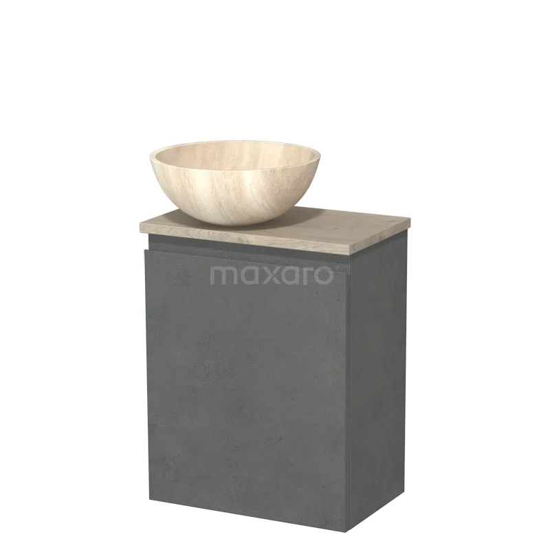 Toilet unit with countertop wash basin | 41 cm Dark grey concrete Handleless front Travertine Natural stone basin Light grey oak fronts TMK10-14085