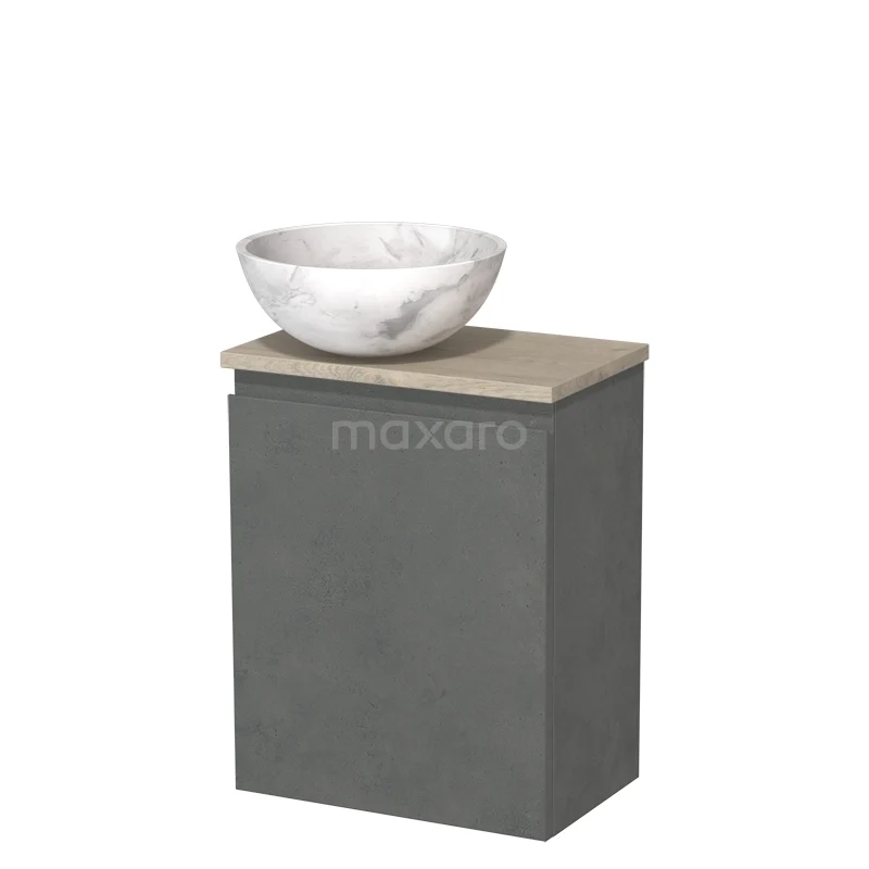 Toilet unit with countertop wash basin | 41 cm Dark grey concrete Handleless front White marble Natural stone countertop wash basin Light grey oak fronts TMK10-14086