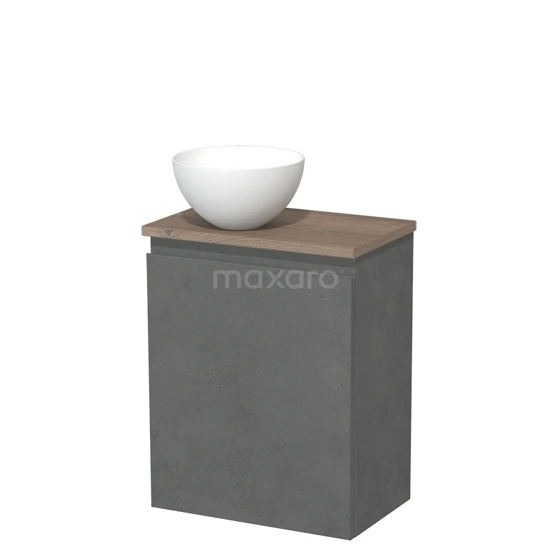 Toilet unit with countertop wash basin | 41 cm Dark grey concrete Handleless front Matte white Solid surface wash basin Mid brown oak worktop TMK10-14110